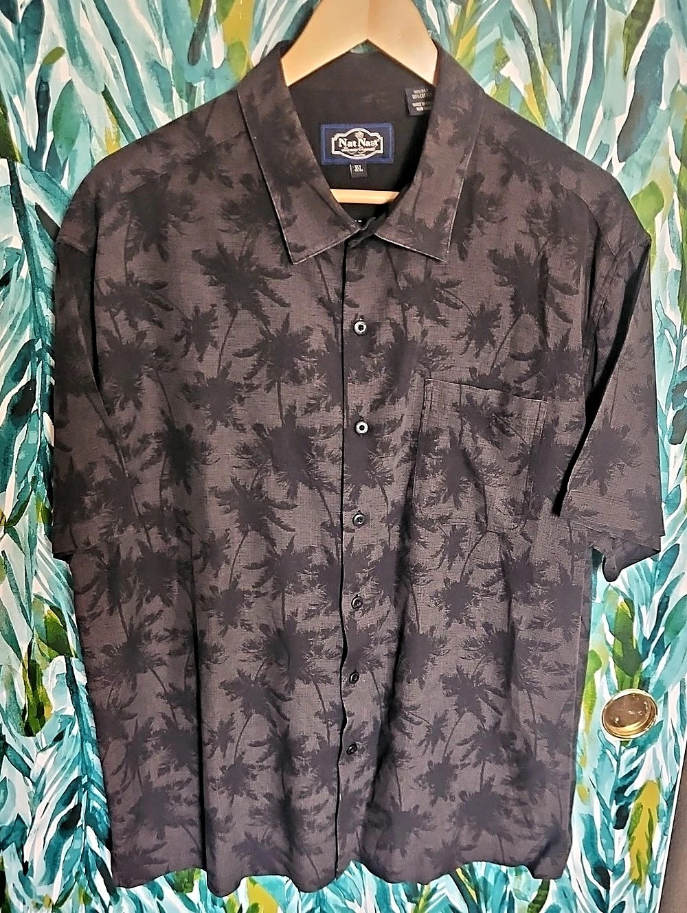 Nat Nast Tropical Hawaiian Palms Button Up Shirt Floral Black XL